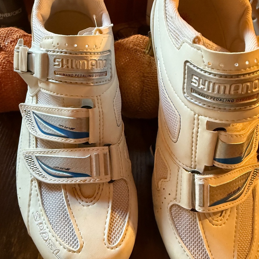 Shimano White and Blue Athletic Cycling Shoes
